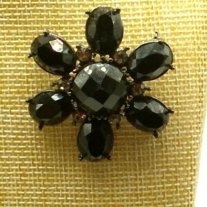 Vintage Black Sunburst Faceted Rhinestone Brooch Pin